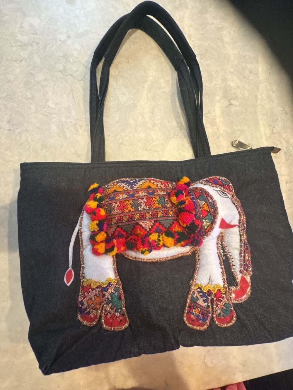 Stylocus Dark Denim Elephant Embroidered Boho Tote Bag - Picture 2 of 6